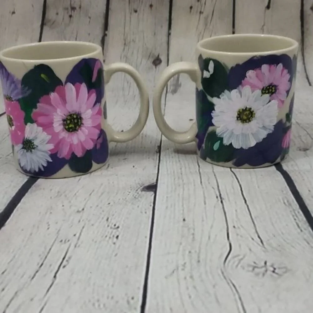 Vintage Handpainted Watercolor Colorful Floral Set of 2 Coffee Mugs